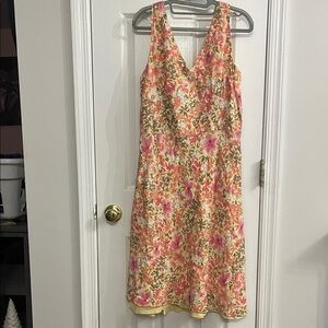 LOFT Pink and Yellow Floral V-Neck Midi Dress